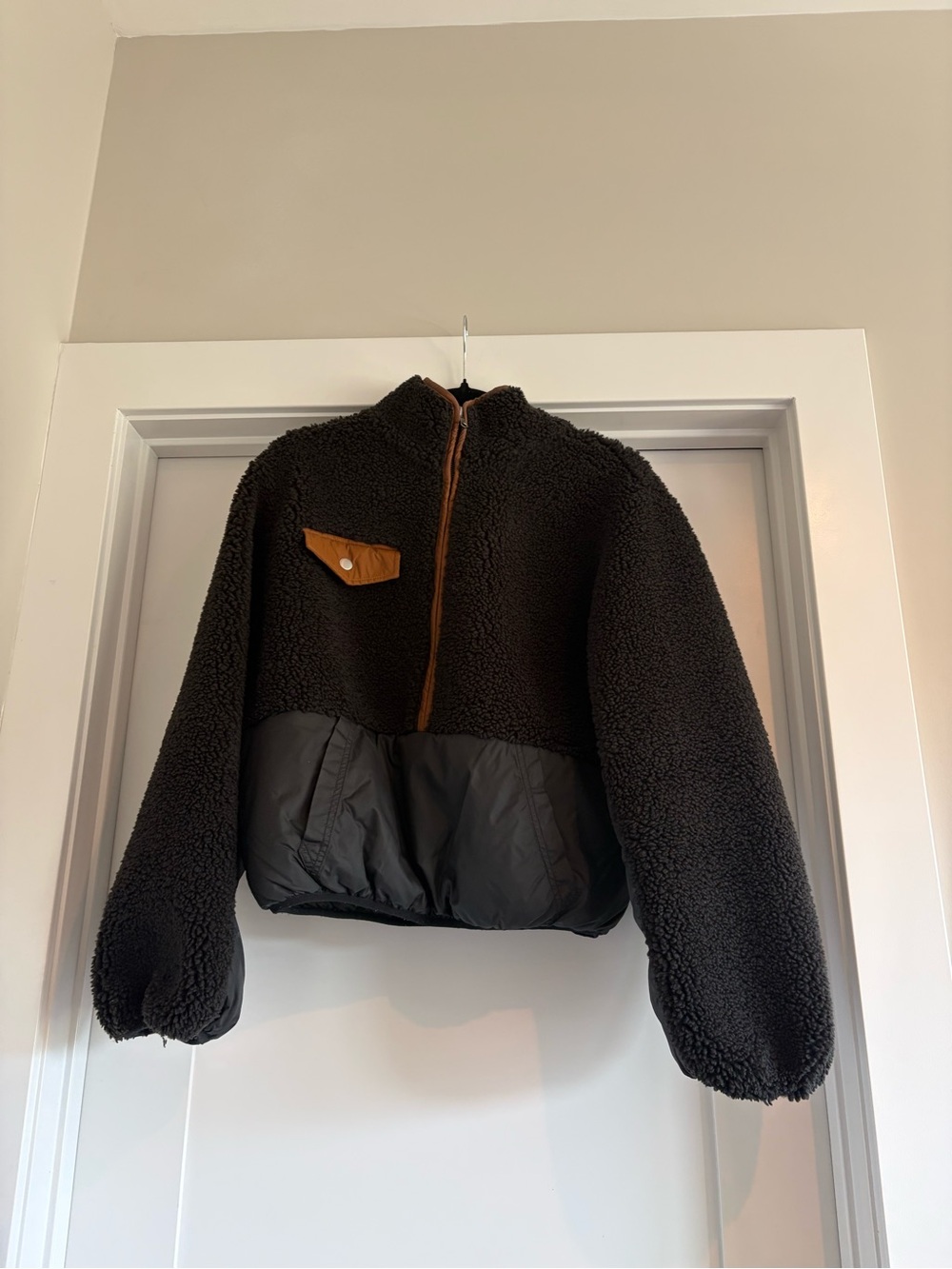 Frame Denim Black Sherpa Puffer Pullover with Tan Accent